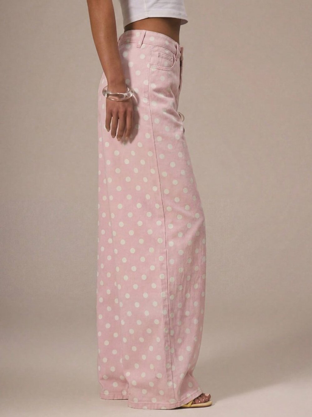 Pink Casual Women's Polka DotDenim Straight Leg Mid Rise Jeans - Picture 5 of 5